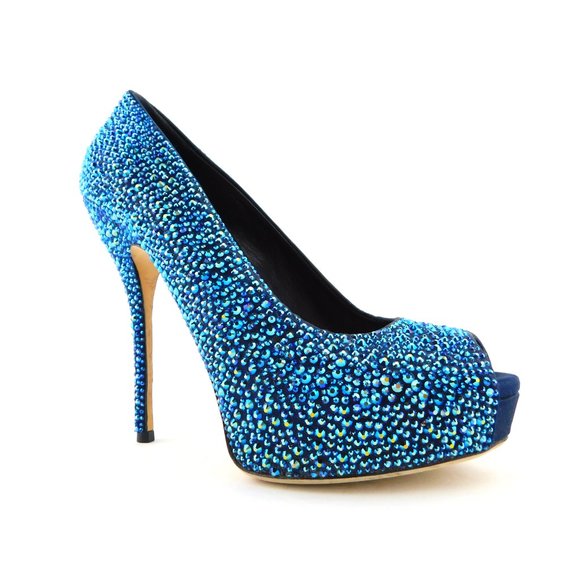 GUCCI Brilliant Blue Crystal Open Toe Heel Pumps 37.5 - Picture 3 of 11
